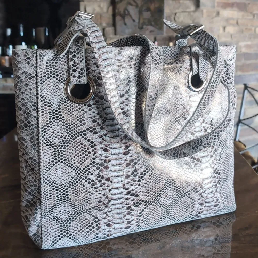 COFI Erin XL Tote Leather Embossed Python -Double Handles Adjustable NWOT